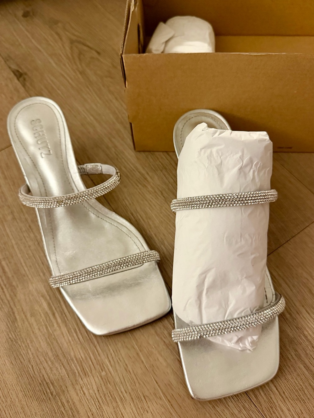 SCHUTZ Silver Crystal-Strap Heeled Sandals